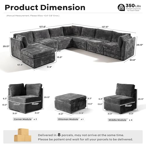 Image of ovios Modular Sectional Sofa Couch with V-Shape Chaise Ottoman, Comfy Plush Corduroy Cloud Couches, Modern Luxury Deep Seat Sofas Set for Living Room, 8-Seater, Grey