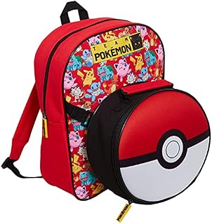 Pokemon Kids Backpack with Poke Ball Cooler Lunch Bag for School Boys Girls Pikachu 2 Piece Set Detachable Insulated Sandwich Box for Snacks Hot or Cold, Red