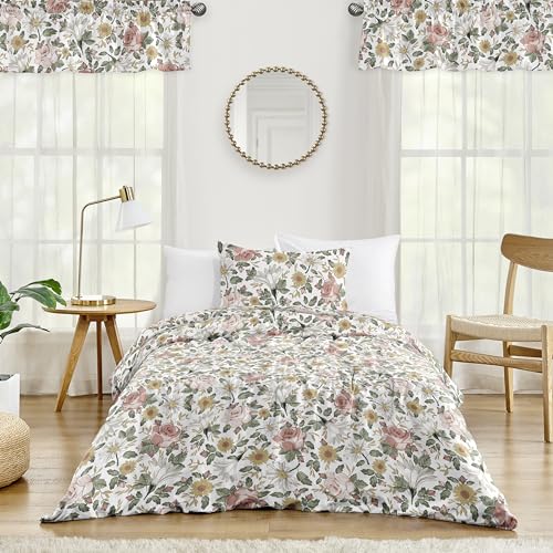 Image of Sweet Jojo Designs 2-Piece Twin Comforter Set (Vintage Floral Boho) for Girls, Teen, Kids Bedding, Bed in a Bag incl. Blanket & Pillow Sham (Shabby Chic, Rose Flower, Farmhouse, Bohemian Pink, Yellow)
