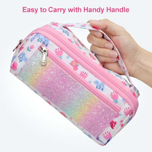 Image of Pencil Case for Girls, Durable Kids Pencil Pouch for School, Wide Opening Soft Bag with Handle, Fits 50 Pens & Markers (Floral Butterfly)