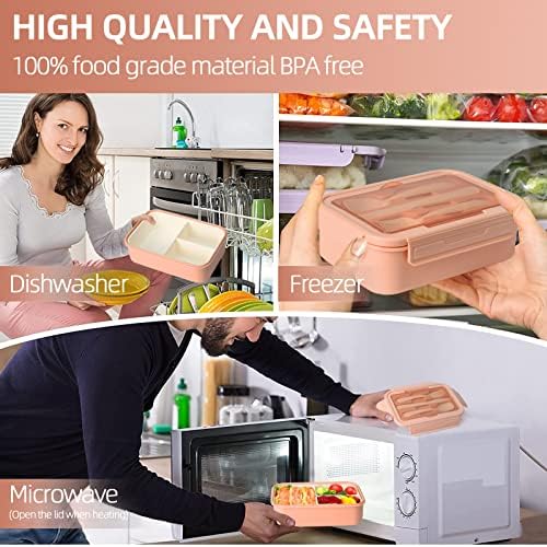 SWKIEN Lunch Box Adults/Kids,Bento Lunch Box with Cutlery Leakproof Lunchbox with Compartments, Lunchbox Set with Sauce Pot and Food Picks,BPA Free Lunch Container/Sandwich Boxes (Pink)