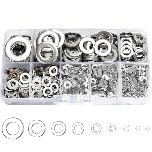 cSeao 9 Sizes 800pcs M2 M2.5 M3 M4 M5 M6 M8 M10 M12 Flat Washers Assortment Kit, Flat Gasket, Fender Lock Washers, 304 Stainless Steel