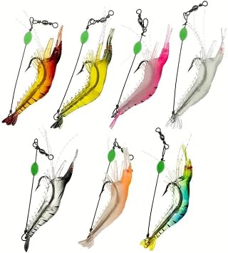 Valkyrie 7 Piece Phosphorous Faux Shrimp Fish Feed Silicone 8cm 5gr Artificial Fishing Rod Feed Set with Hooks