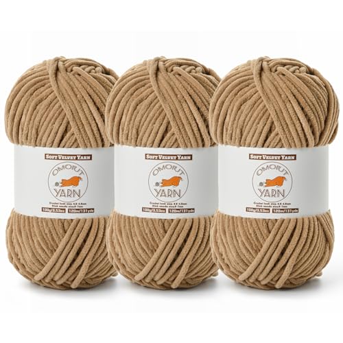 Image of 3 Pack Deep Khaki Fluffy Velvet Yarn for Crocheting, Chunky Chenille Baby Blanket Yarn for Crochet, Soft Fuzzy Puzzle Yarn for Knitting, (100g /3.53oz Each) Bulky Thick Amigurumi Crochet Yarns