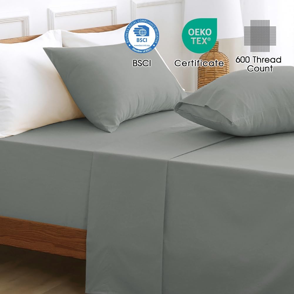 HYPREST Cotton Sheets King Size,18 Inch Deep Pocket King Sheets Hotel Luxury Soft Light Grey - 600 Thread Count
