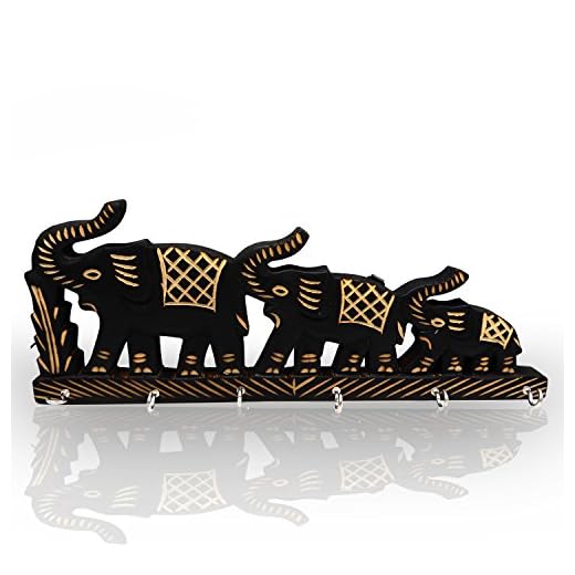 Handcrafted Wooden Key Holder with Brass and Decorative Design Key Hanger, Triple Elephant Shaped, 6 Key Hook Key Organizer for Home & Office, Special Easter Day/Mother Day Gift
