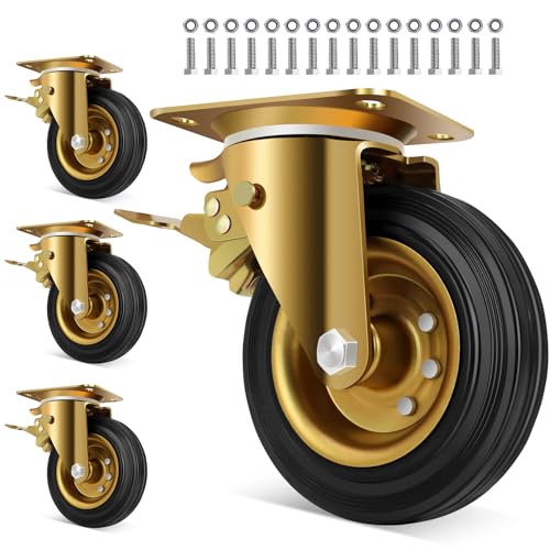 WBD WEIBIDA 6 in Heavy Duty Plate Casters Set of 4, 2600 Lbs Industrial Rubber Wheels for Cart Furniture and Workbench,Outdoor Castors Dual Locking Replacement (4 Brakes, Free Spanner)