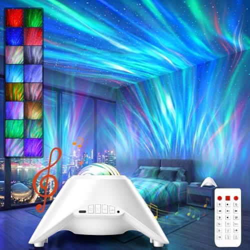 Sternenhimmel Projektor, Polarlicht Projektor Lampe – 4-stufig regulierbarer Projektor mit Bluetooth-Lautsprecher, 8 White Noise, Fernbedienung und Timer, als Nachtlicht für Groß u