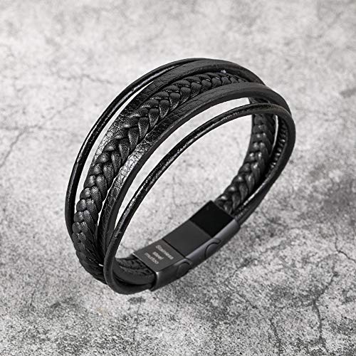 Murtoo Mens Leather Bracelet with Magnetic Clasp Cowhide Multi-Layer Braided Leather Mens Bracelet (Black New, 21.0) - Image 6