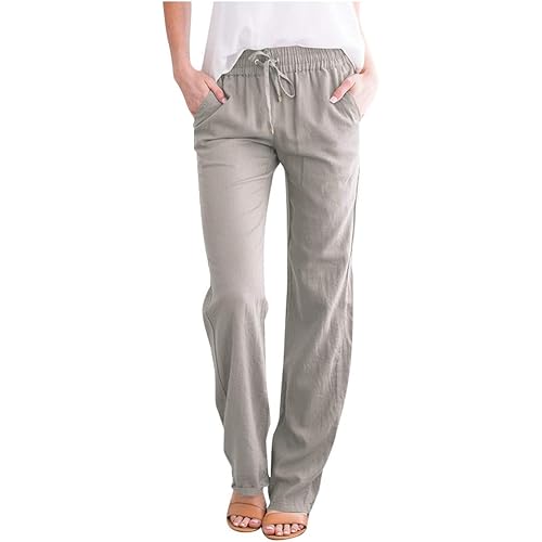 Womens Casual Cotton Linen Pants Lightweight Summer Relax Fit Elastic Waist Plus Size Solid Lounge Long Trousers