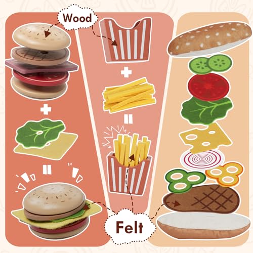 Lehoo Castle Wooden Play Food Sets, Play Hamburger Counter Shop, Toy Food for Toddlers, Play Food Sets for Kids Kitchen, Fake Food Pretend Play for Toddlers 3-5 - Image 5