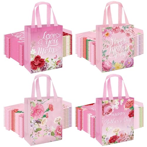VDESFUEBY 20 Pcs Happy Mothers Day Tote Gift Bags with Handles Bulk Floral Non-Woven Love Mom Candy Bags for Best Mom Theme Party Favor Supplies Wrapping Decorations