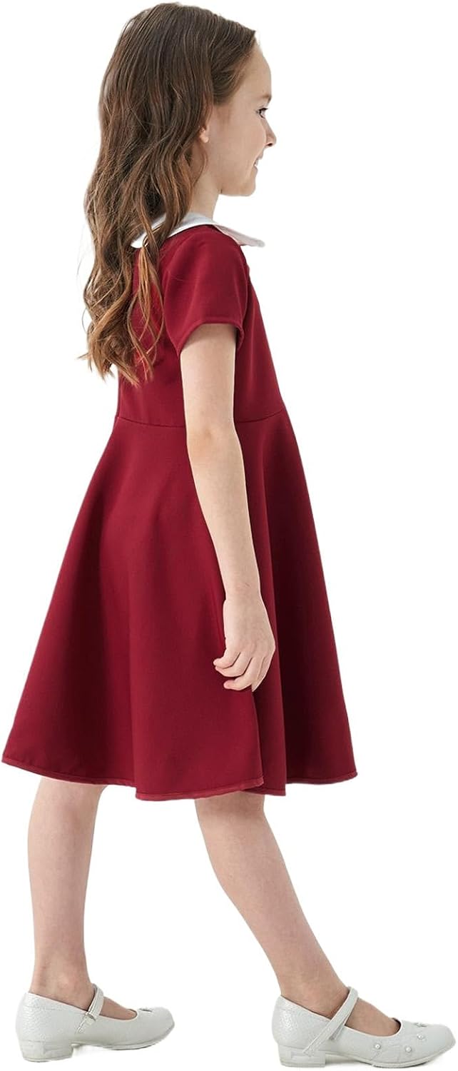 KISBINI Girls Short Sleeve Peter Pan Collar Dress Casual Vintage Flare Skater Dresses for Girls 2-12 Years