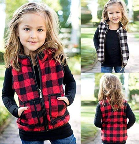 Toddler Baby Girl Plaid Zipper Jacket Kids Sleevless Fall Winter Warm Waistcoat Vest Pocket Coat Tops (Red, 1-2T) #TOP1
