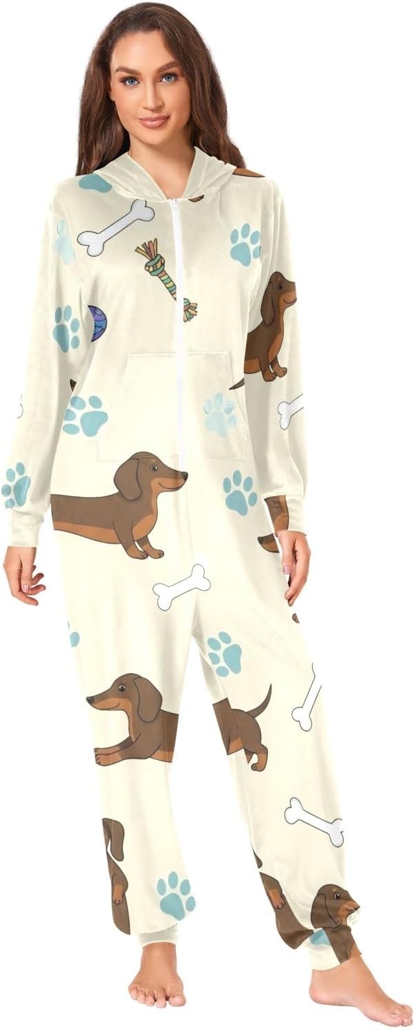 Cute Dachshunds Dogs Cream Adult Onesie Pajamas, Soft Hooded Jumpsuit Sleepwear for Men Women Christmas Loungewear