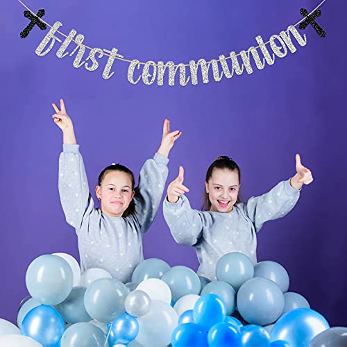 Silver Glitter First Communion Banner/God Bless Banner/Baby Shower Party Supplies/Baptism/Christening Party Decorations - Thumbnail 2
