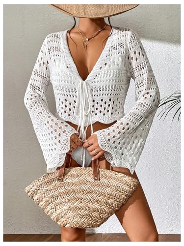 Milumia Women's Hollow Out Tie Front Cover Up Flare Sleeve V Neck Crochet Kimonos4