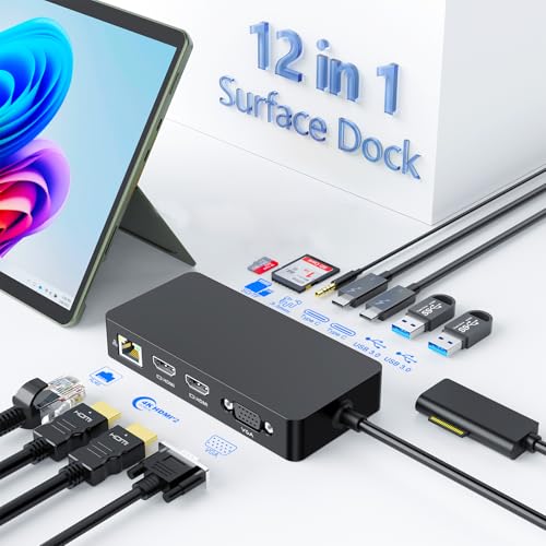 Surface Docking Station with Power Adapter, 12-in-1 Surface Dock, Triple Monitor 4K HDMI & VGA, Ethernet, USB Hub, SD/TF Card Reader for Surface Pro/Laptop/Book (HDMI + HDMI + VGA)