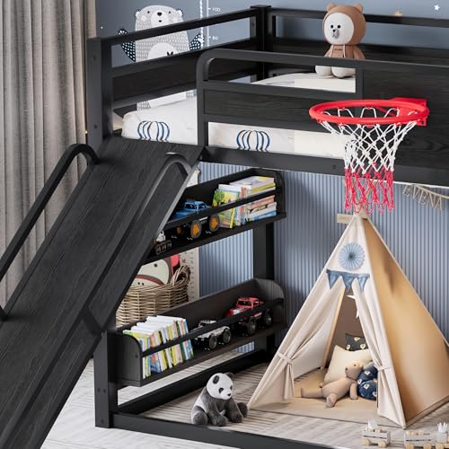 Image of Bellemave Twin XL Bunk Bed with Slide, Basketball Hoop & Climbing Wall, Heavy Duty Bunk Beds Twin XL with Guardrails, Low Bunk Bed for Bedrooms, Nursery, No Box Spring Needed, Black
