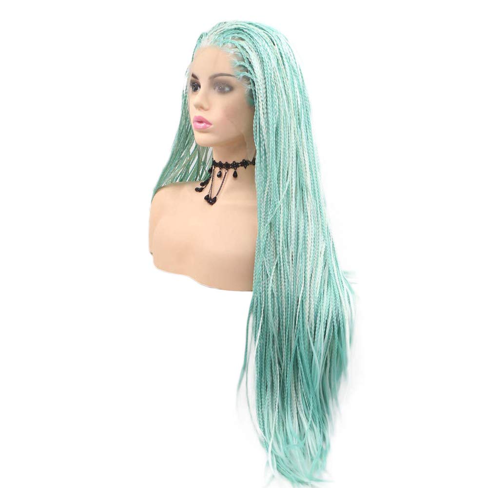 Kalisa Long Straight Mint Green Braid Lace Front Wigs Green Mix White Free Part Fully Handmade Wig Heat Resistant Fiber Box Braided Synthetic Daily Wigs for Women 26 Inches