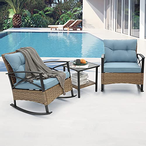 Villeston Outdoor Rocking Chairs Set - 3 Pieces Patio Bistro Set Outside Furniture 2 Wicker Rocker Chairs with Blue Cushions and Table for Porch Lawn - Thumbnail 6