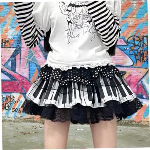 Piano Skirt Trendy Piano Key Pleated Cute Lace Skirts with Elastic Waist for Women Teens Girls, Black and White4