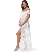 Maternity Dresses for Photoshoot Off Shoulder Chiffon Lace Gown Split Front Maxi Photography Dresses