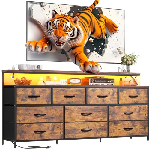 EnHomee-55-W-Dresser-for-Bedroom-with-10-Drawers-Long-Dresser-with-LED-Lights-Power-Outlets-Wide-Dressers-Chests-of-Drawers-Large-Dresser-for-Bedroom-Dresser-Metal-Frame-Wood-Top-Rustic-Brown EnHomee 55 W Dresser for Bedroom with 10 Drawers Long Dresser with LED Lights Power Outlets Wide Dressers Chests of Drawers Large Dresser for Bedroom Dresser Metal Frame Wood Top Rustic Brown