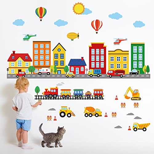 DECOWALL DS8-8051 Buildings Transports Wall Decals Stickers Bedroom Room Kids Nursery car Removable Peel Stick décor Living City Art Boys Vinyl Construction playroom Children Road Baby