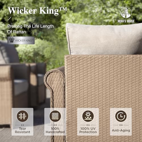 Image of HERA'S HOUSE Patio Furniture Set, 4 x Cushioned Chairs, 3-Seat Sofa with Wood Grain Coffee Table, 5 Seats Luxury Windsor Style All Weahter Outdoor Sofa Conversation Set for Deck Lawn Backyard