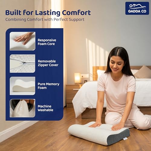 Image of GADDA CO Memory Foam Cervical Neck Pillow for Neck & Shoulder Pain -Orthopedic Pillow for Sleeping, Posture & Spinal Alignment, Pain Relief, Size-19.5x11x3.5 in, White & Grey Jacquard, 2-Year Warranty