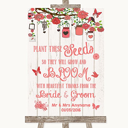Coral Rustic Wood Plant Seeds Favours Personalized Wedding Sign