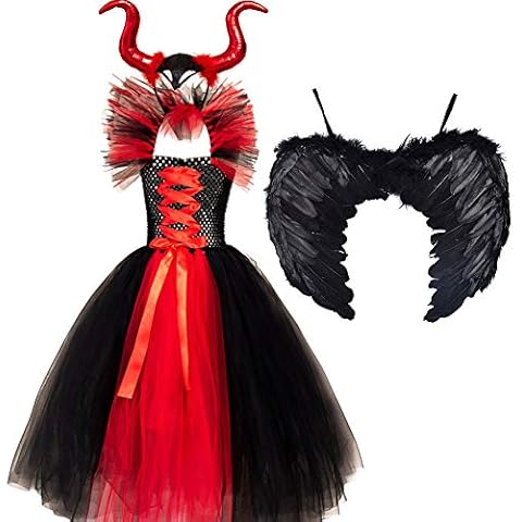 Kid Girls Princess Maleficent Costume Fancy Evil Queen Dress Up Handmade Knitted Tulle Dress with Horn and Wings Witch Halloween Carnival Cosplay Party Outfit Cover