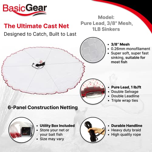 BasicGear® Cast Net, Lead, 10ft Radius, 1/2 in Mesh, 1lb, for Bait Fish - image 2
