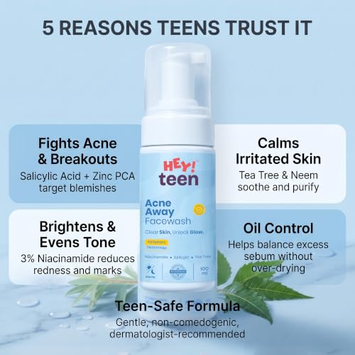 Image of HEY TEEN Acne Face Wash for Teens & Kids 9+ Years | Foaming Cleanser for Boys & Girls | Helps Reduce Pimples, Acne & Excess Oil | with Niacinamide, Neem & Zinc PCA | Daily Face Wash for Oily Skin