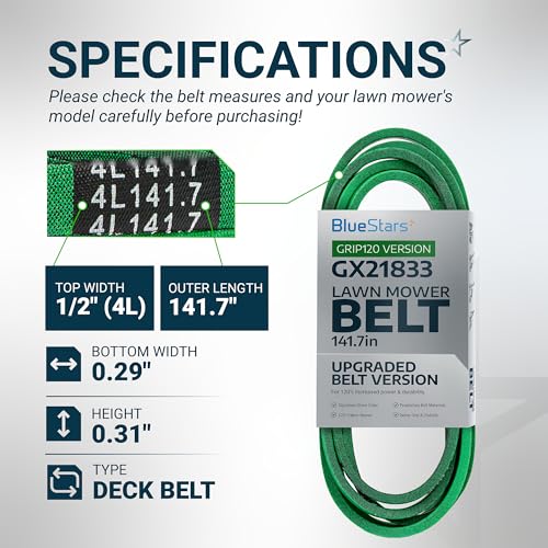 Image of [Upgraded Grip120] BlueStars GX21833 Mower Deck Belt 1 /2 inch x 141.7 inch | Fits 48 inch Deck JDeere 145 D140 D150 D155 D160 L120 L130 LA130 LA140 LA145 LA155 LA165 Z200 Z255 Z300 Z355E GX20571 Aramid Cord