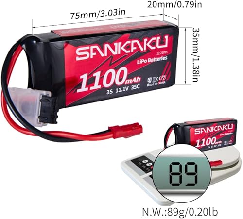 Miniatura 4 de SANKAKU 2 baterías de 1100 mAh 3S Lipo 35C 11.1 V, paquete suave con enchufe JST para avión RC, helicóptero, cuadricóptero, carreras, pasatiempos