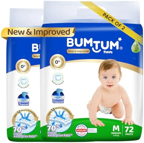Bumtum Baby Diaper Pants, Medium Size, Double Layer Leakage Protection Infused With Aloe Vera, Cottony Soft High Absorb Technology (Pack of 2, 72 Pcs. per pack)