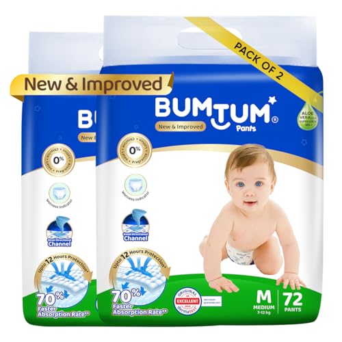 Bumtum Baby Diaper Pants, M (Size 3), 7-12 kg, Double Layer Leakage Protection Infused With Aloe Vera, Cottony Soft High Absorb Technology, 144 Diaper
