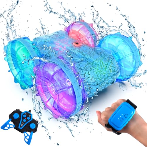 Plunack Coche Teledirigido Anfibio, 4WD 360° Rotación Coche RC con Luces LED, 2.4 GHz Impermeable Coche Radiocontrol RC Stunt Car, Regalo para Niñas y Niños 6 + Años