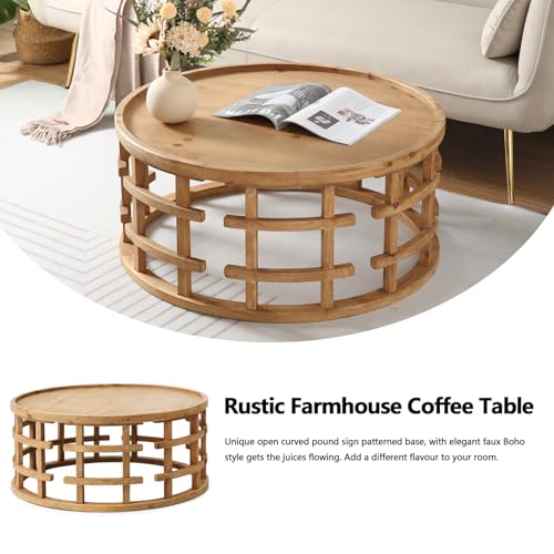RUSTOWN Farmhouse Round Coffee Table, French Country Sofa Tables,Rustic Soild Wood Finish with Openwork Pattern and Curved Frame Base, Boho Handcrafted Wooden Coffee Table for Living Room, Natural