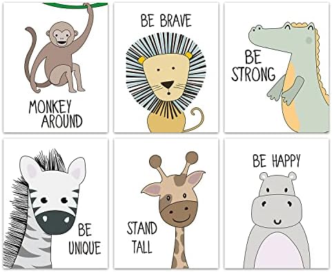 KAIRNE Cartoon animals Art Print, Giraffe Lion Zebra Monkey Forest Animals With Motivational Quote Saying Wall Poster Painting,Set Of 6(8”X10”,Unframed Nursery Wall Art