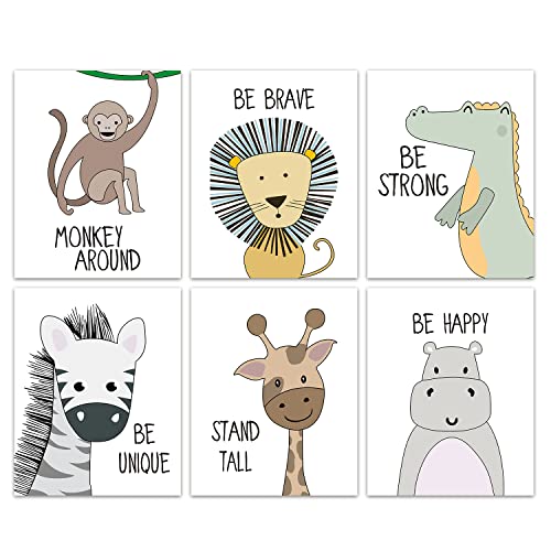 Kairne Cartoon Animals Art Print, Giraffe Lion Zebra Monkey Forest Animals With Motivational Quote Saying Wall Poster Painting,Set Of 6(8”X10”,Unframed Nursery Wall Art #TOP11