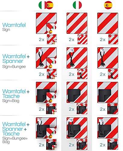 PLANGER® - Warntafel Italien (50 x 50 cm) + Spanner +Tasche - Reflektierendes Warnschild rot weiß für Heckträger u Fahrradträger