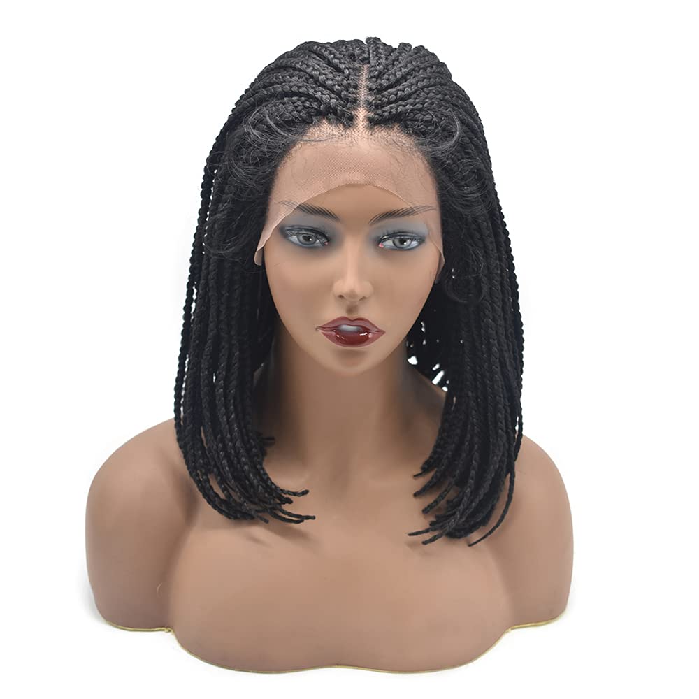 LYRICAL HAIR 3"X3.8" Lace Front Twist Braided Wigs with Baby Hair for Black Women Synthetic Shoulder Length Hair Lightweight Hand Tied Lace Front Box Braids Glueless Wig (LL602327F, #1B Black Color)