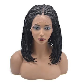 LYRICAL HAIR 3"X3.8" Lace Front Twist Braided Wigs with Baby Hair for Black Women Synthetic Shoulder Length Hair Lightweight Hand Tied Lace Front Box Braids Glueless Wig LL602327F, #1B Black Color