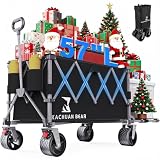 57' L Large Collapsible Foldable Wagon with Tailgate & Brake, 500LBS Heavy Duty Beach Wagons with All-Terrain Big Wheels, 300L Folding Utility Cart for Sand Garden Shopping Groceries Sports (Black)