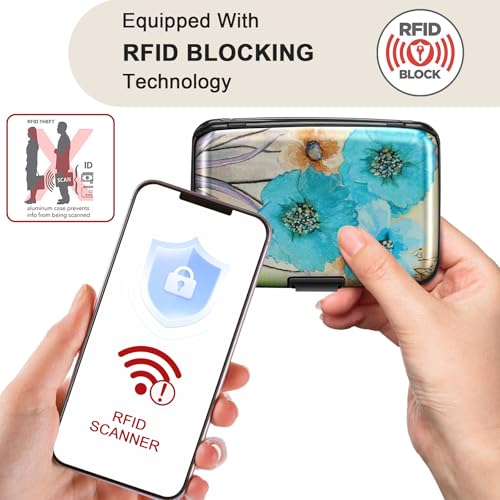 Image of ELFISH Mini RFID Aluminum Wallet Credit Cards Holder Business Card Case Metal ID Case for Men Women(Blue Flower)