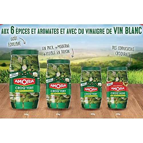 AMORA - Croq'Vert Cornichons Fins - 540G - Saveur Aigre-douce - Idéal pour l'Apéritif et les Plats Cuisinés - Marinade de Qualité Sup - Lot De 3 - Vendu Par Lot