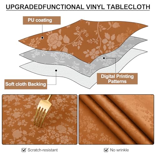 Image of Smiry Rectangle Waterproof Heavy Duty Vinyl Tablecloths, 60 x 120 Inch | Wipeable Washable Floral Embossed Table Cover for Kitchen and Dining Room, Indoor & Outdoor Use, Bronze